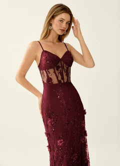 Burgundy Sheer Lace 3D Floral Mermaid Maxi Evening Dresses