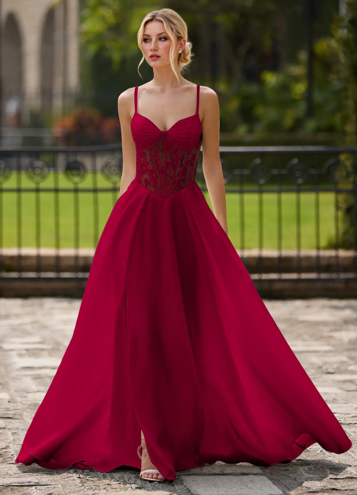 Burgundy Spaghetti Strap Lace-Up Corset A-Line Evening Dresses