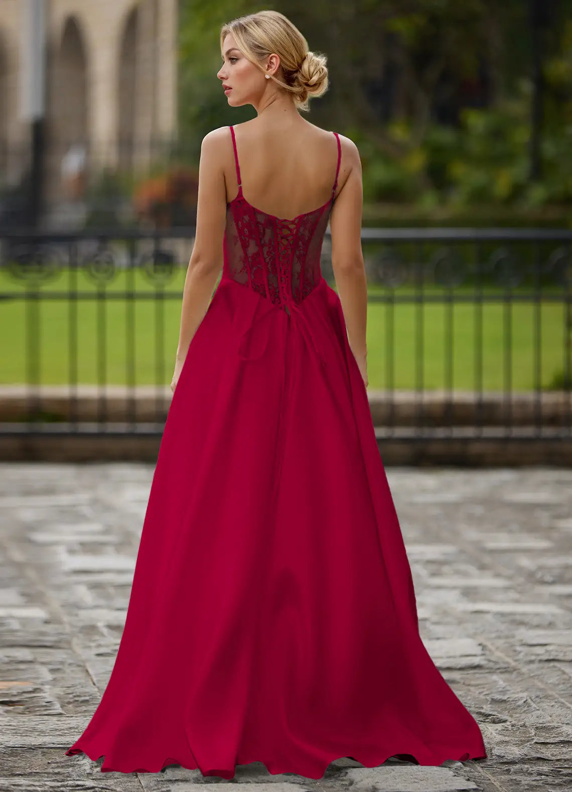 Burgundy Spaghetti Strap Lace-Up Corset A-Line Evening Dresses