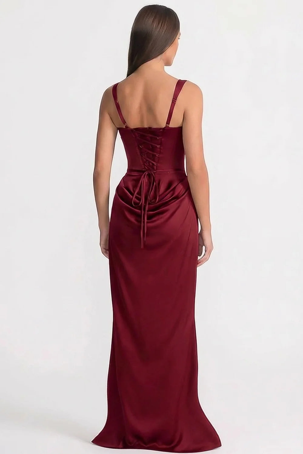 Burgundy Square Neck Corset Lace-Up Back Mermaid Satin Evening Dresses