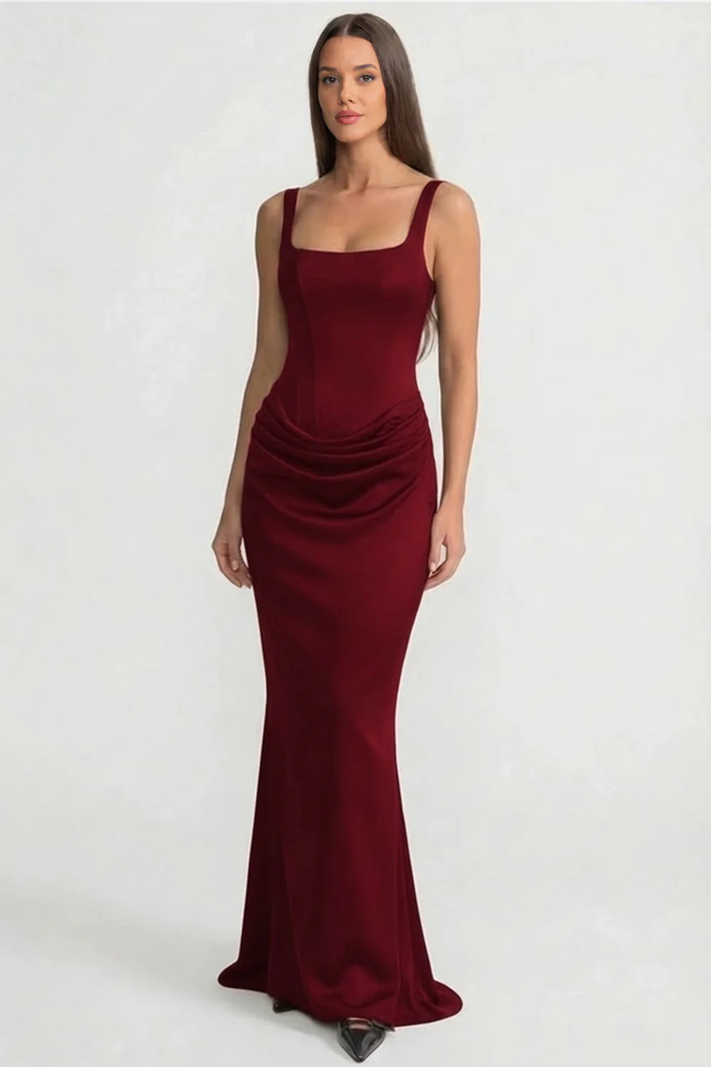 Burgundy Square Neck Corset Lace-Up Back Mermaid Satin Evening Dresses