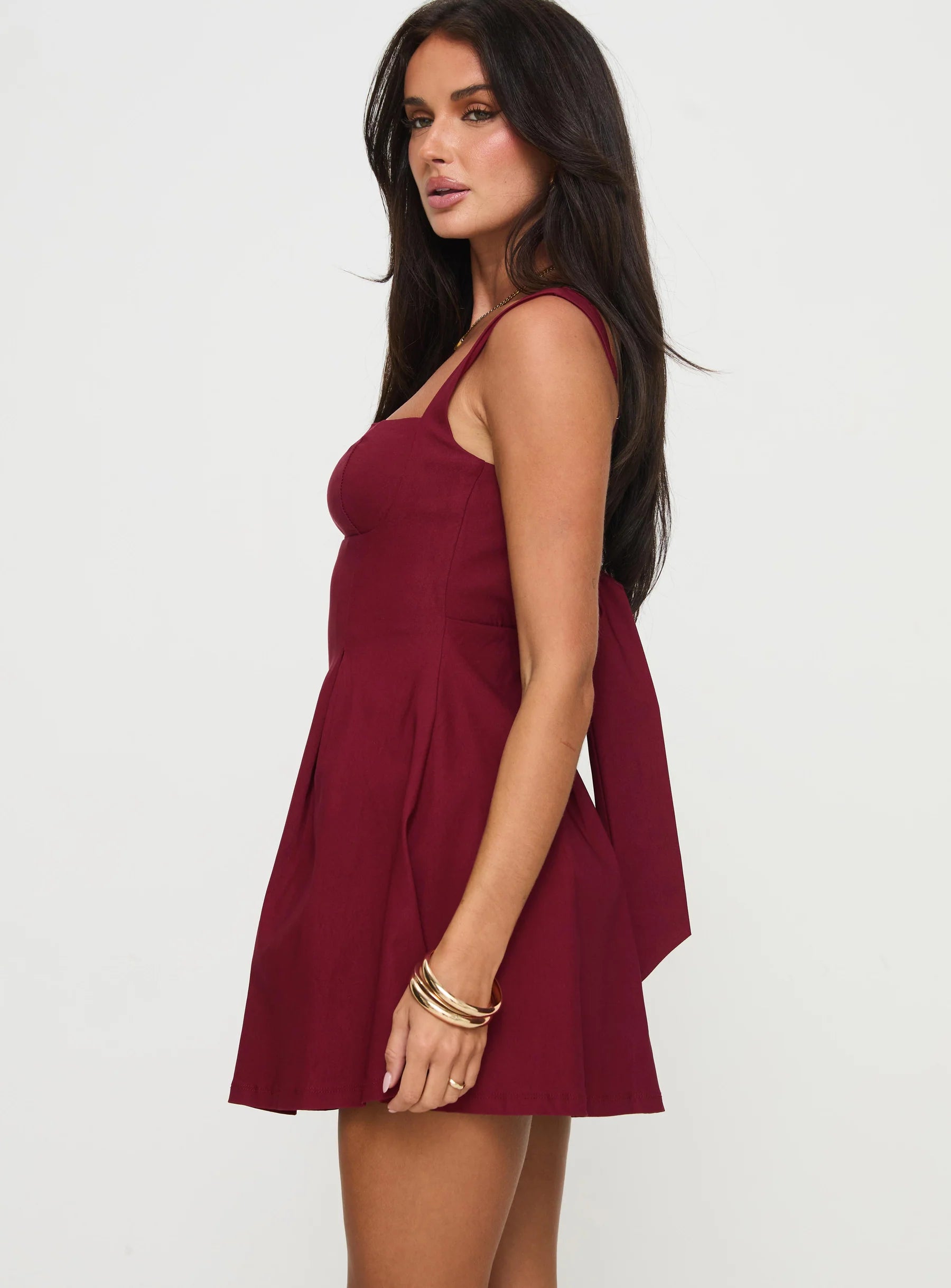 Burgundy Square Neck Tie Back Flare Mini Dress Homecoming Dresses