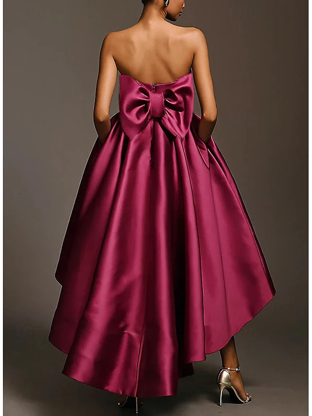 Burgundy Strapless Bow High-Low Evening Dresses