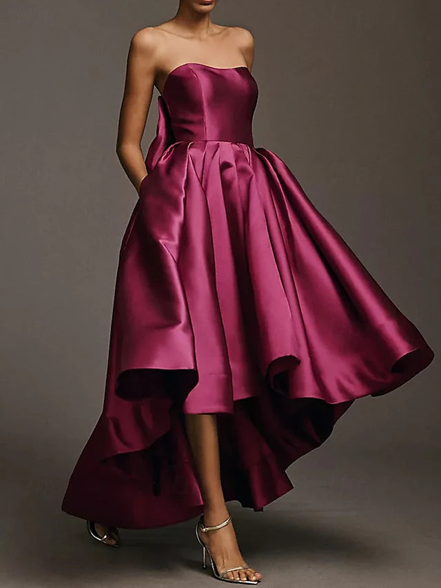Burgundy Strapless Bow High-Low Evening Dresses
