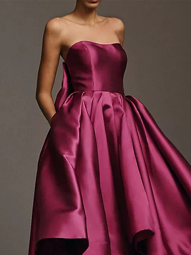 Burgundy Strapless Bow High-Low Evening Dresses