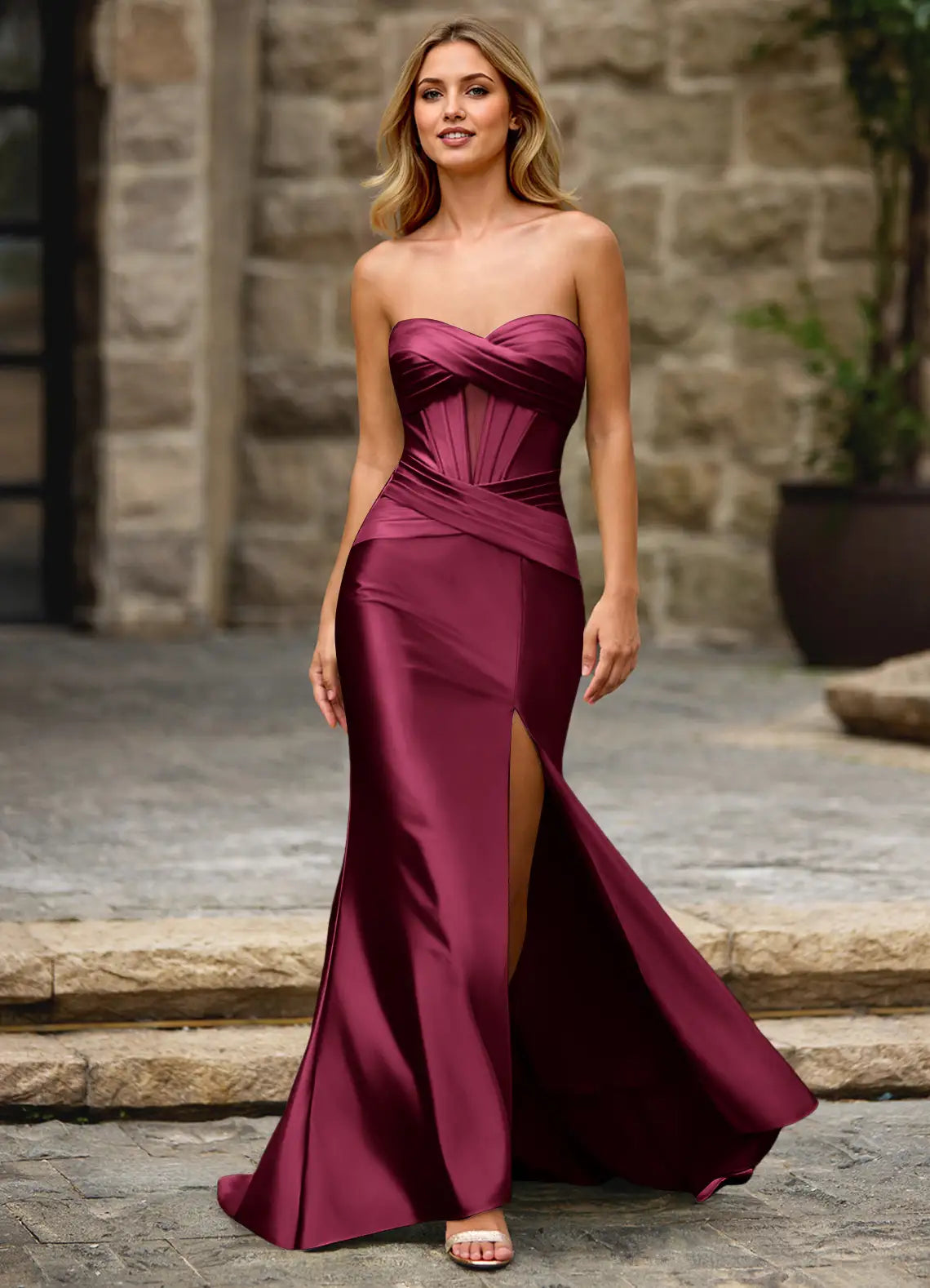 Burgundy Strapless Corset High Slit Mermaid Evening Dresses