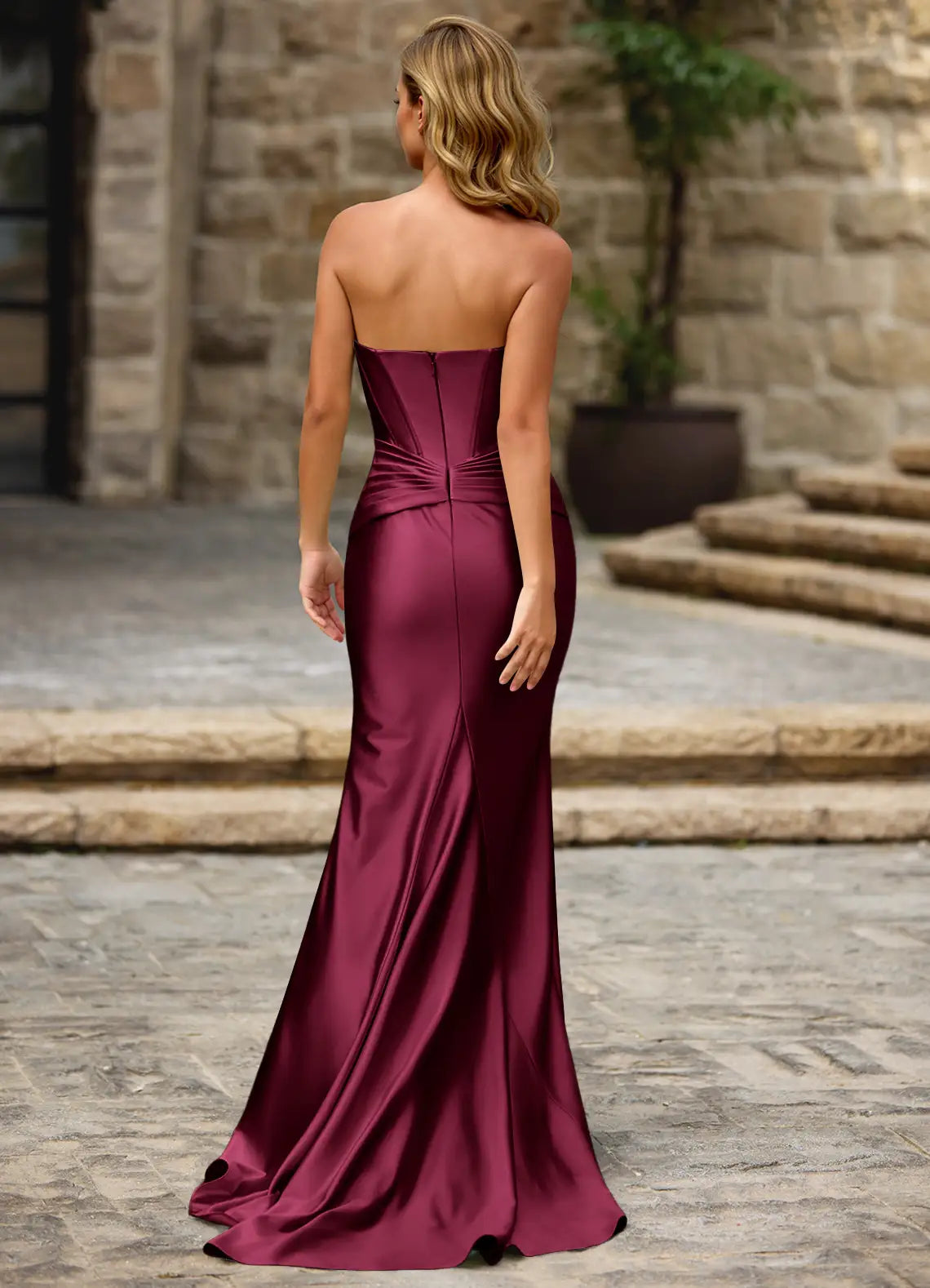 Burgundy Strapless Corset High Slit Mermaid Evening Dresses