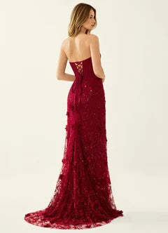 Burgundy Strapless Corset Lace Slit Train Maxi Evening Dresses