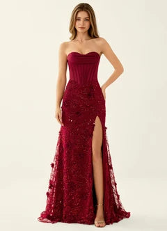 Burgundy Strapless Corset Lace Slit Train Maxi Evening Dresses