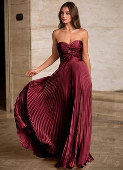 Burgundy Strapless Pleated Satin High Slit Maxi Evening Dresses