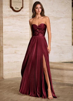 Burgundy Strapless Pleated Satin High Slit Maxi Evening Dresses