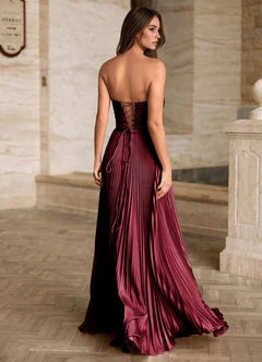 Burgundy Strapless Pleated Satin High Slit Maxi Evening Dresses