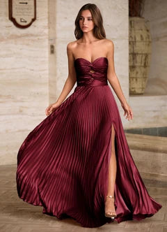 Burgundy Strapless Pleated Satin High Slit Maxi Evening Dresses