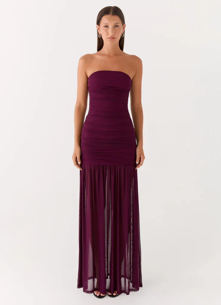 Burgundy Strapless Ruched Mesh High Slit Maxi Prom Dress