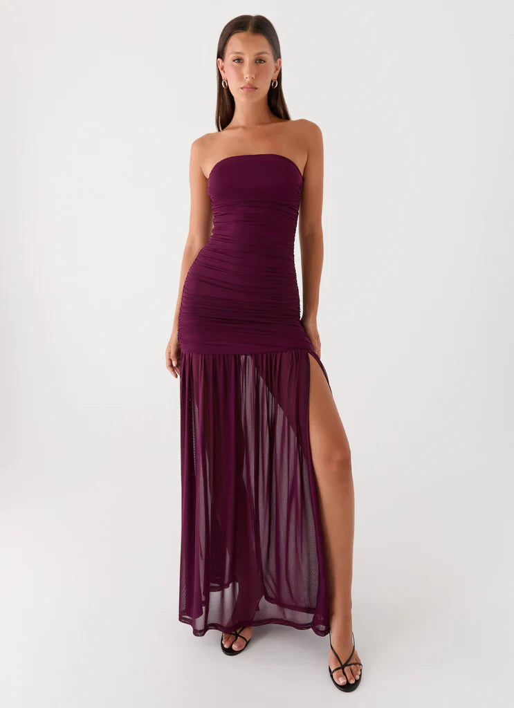 Burgundy Strapless Ruched Mesh High Slit Maxi Prom Dress