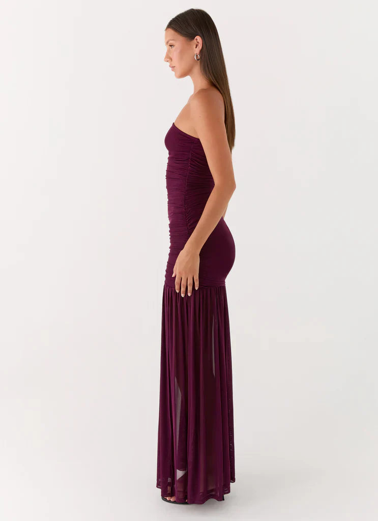 Burgundy Strapless Ruched Mesh High Slit Maxi Prom Dress
