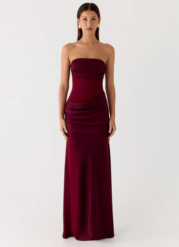 Burgundy Strapless Ruched Satin Panel Maxi Prom Dress