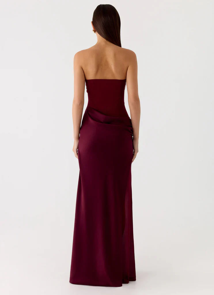 Burgundy Strapless Ruched Satin Panel Maxi Prom Dress