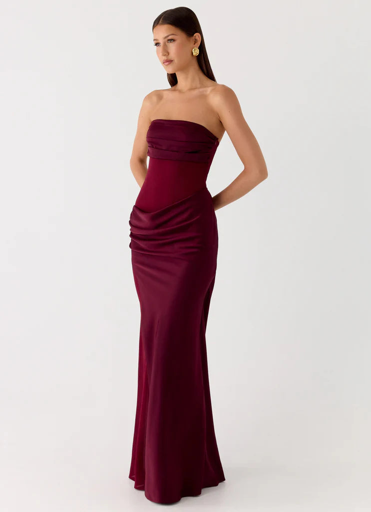 Burgundy Strapless Ruched Satin Panel Maxi Prom Dress