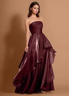Burgundy Strapless Ruffle High Slit Lace-Up Back A-Line Evening Dresses