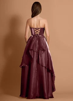 Burgundy Strapless Ruffle High Slit Lace-Up Back A-Line Evening Dresses