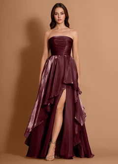 Burgundy Strapless Ruffle High Slit Lace-Up Back A-Line Evening Dresses