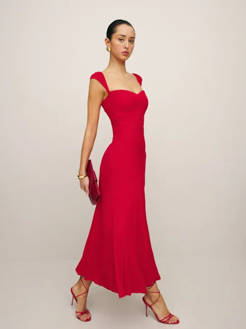 Burgundy Sweetheart Neck Cap Sleeve Fitted Prom Dress