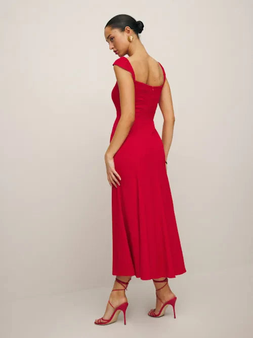 Burgundy Sweetheart Neck Cap Sleeve Fitted Prom Dress