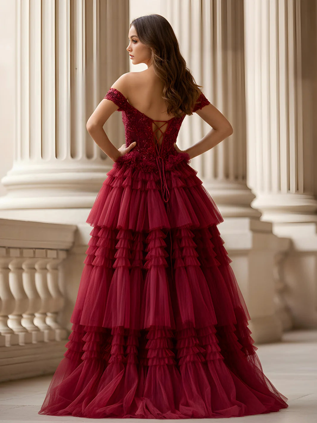 Burgundy Tulle Tiered Off-the-Shoulder Beaded Lace-Up Back Ball Gown Evening Dresses