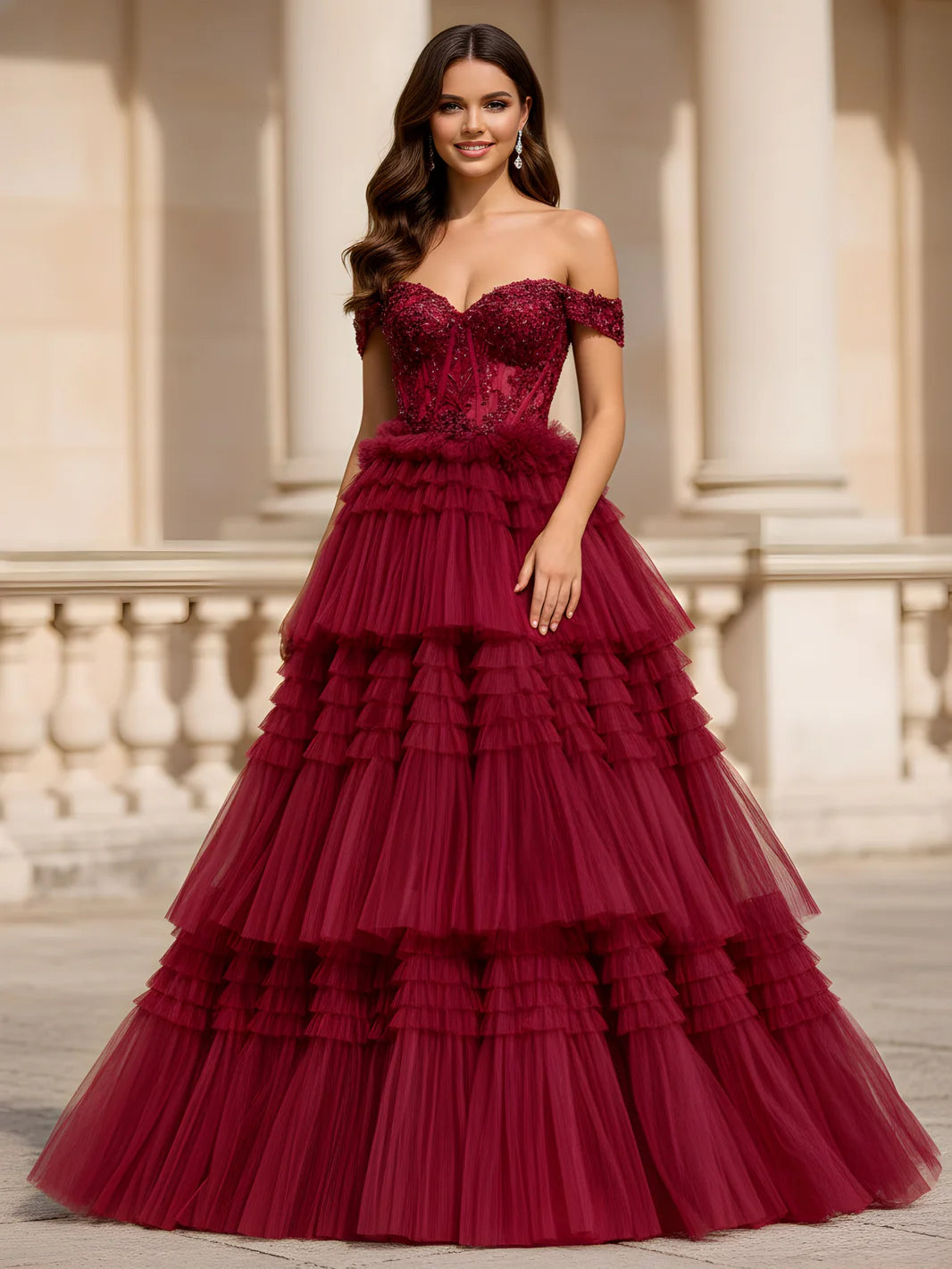 Burgundy Tulle Tiered Off-the-Shoulder Beaded Lace-Up Back Ball Gown Evening Dresses