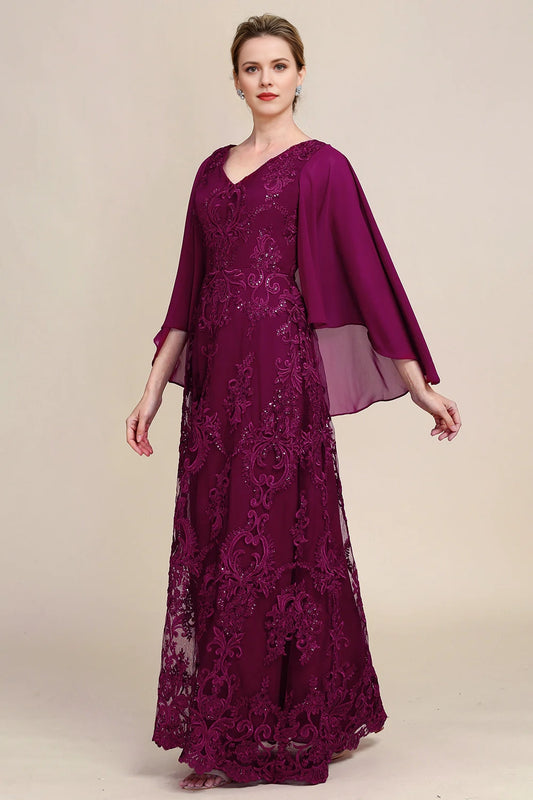 Burgundy V Neck Beaded Batwing Sleeves Mother of the Bride Dress