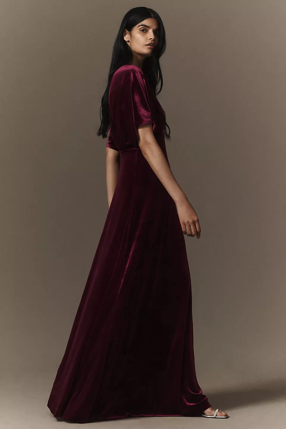 Burgundy Velvet Deep V-Neck Short Flutter Sleeve Maxi Evening Dresses