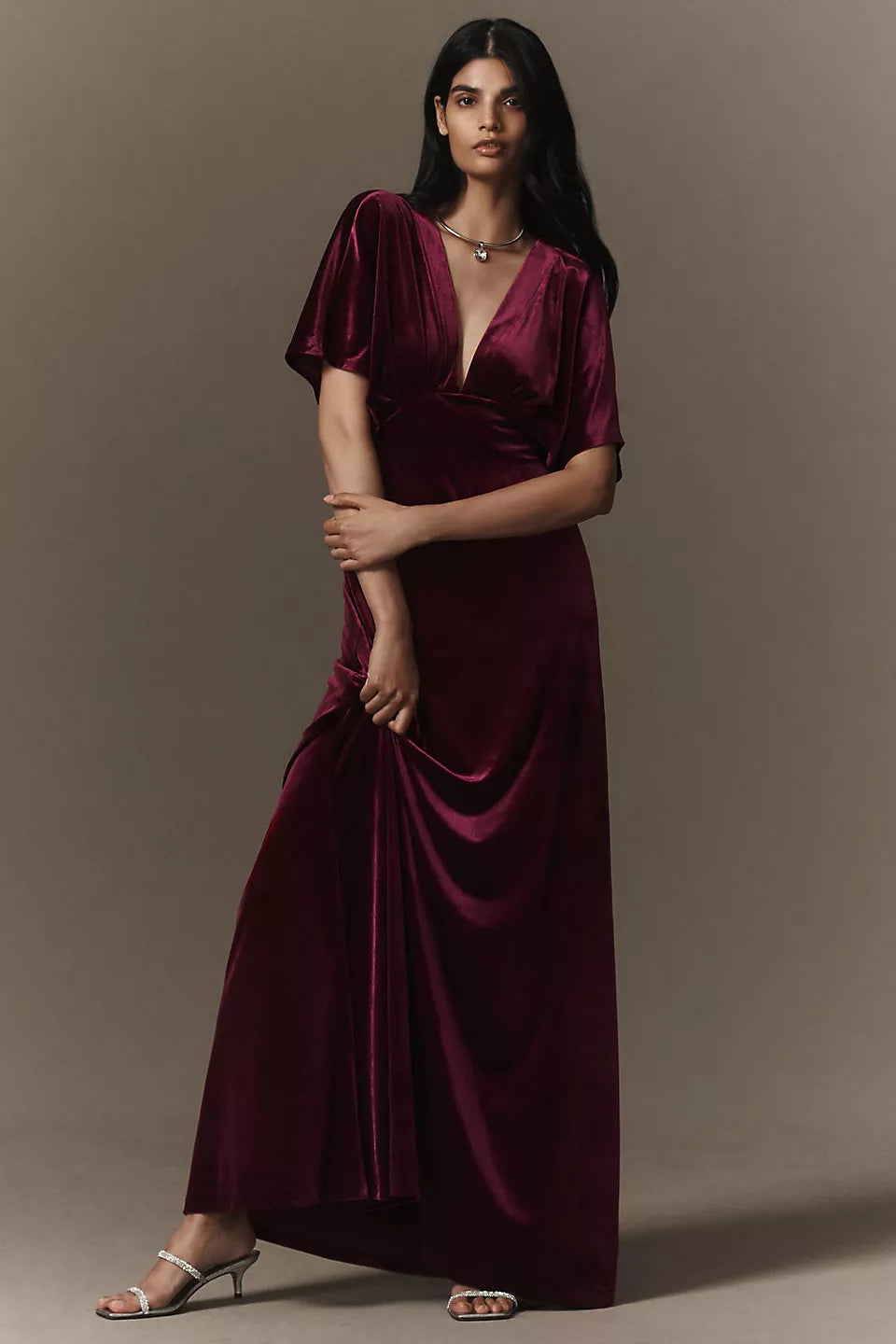Burgundy Velvet Deep V-Neck Short Flutter Sleeve Maxi Evening Dresses
