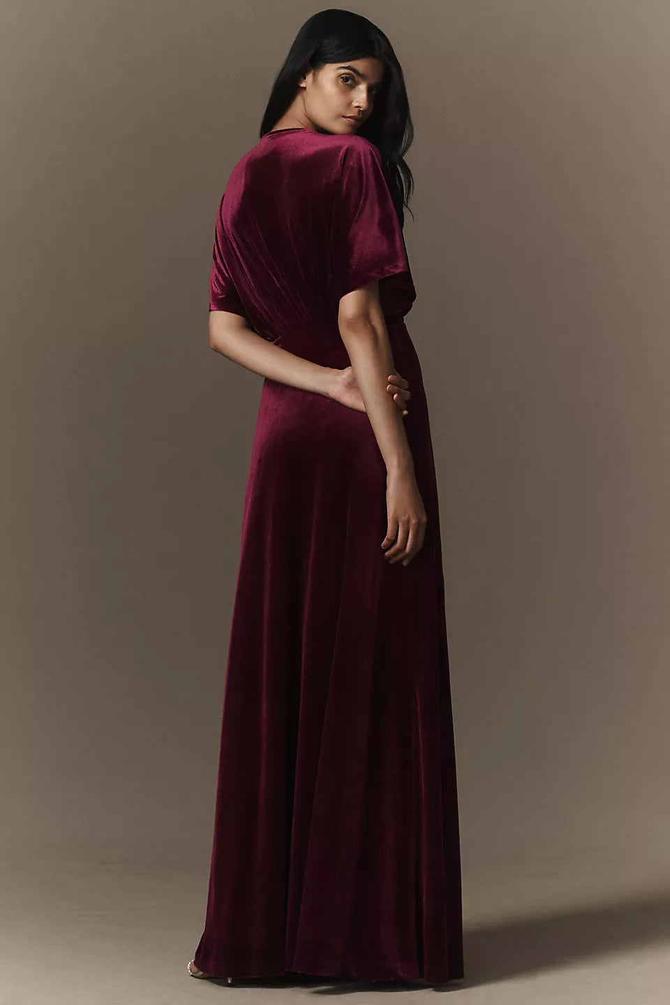 Burgundy Velvet Deep V-Neck Short Flutter Sleeve Maxi Evening Dresses