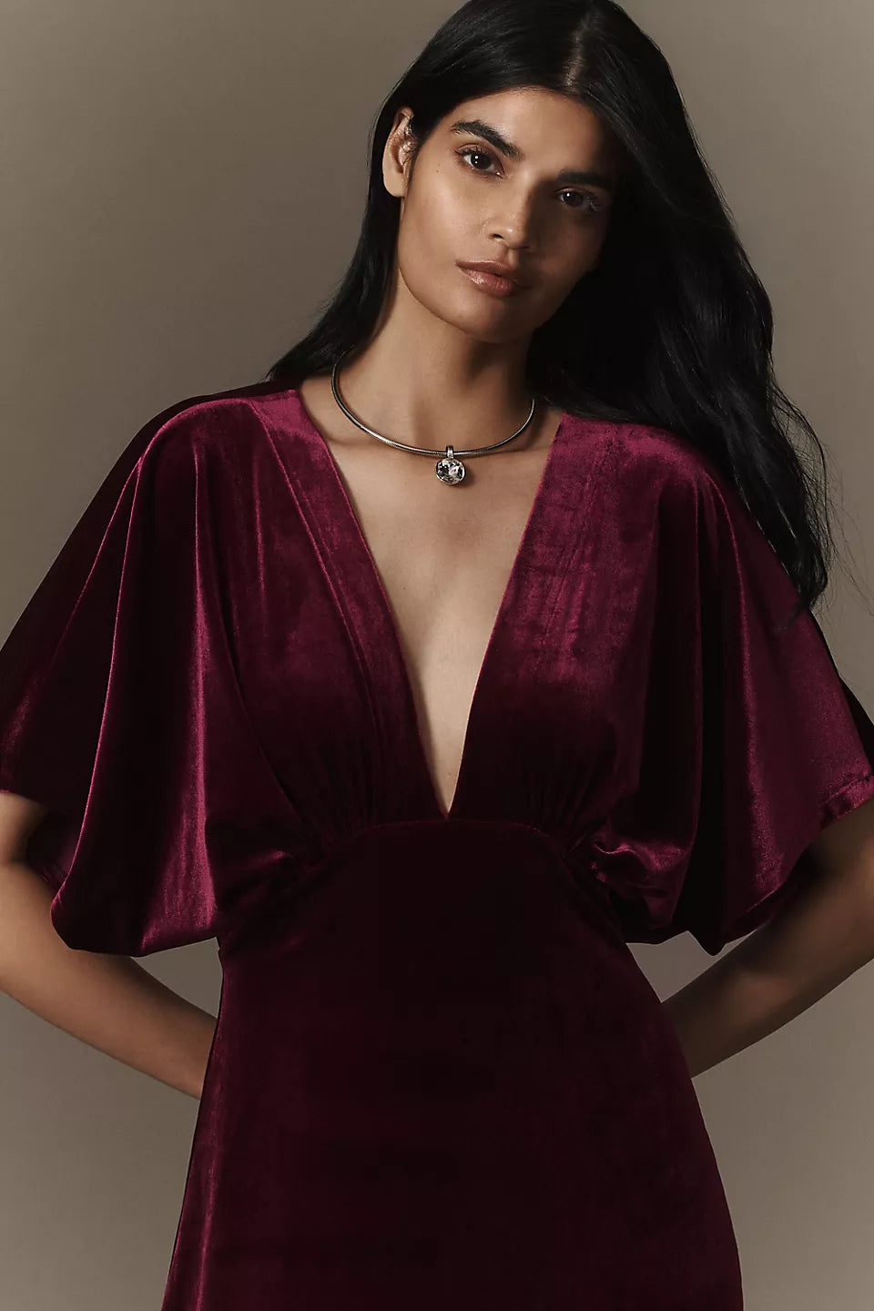 Burgundy Velvet Deep V-Neck Short Flutter Sleeve Maxi Evening Dresses