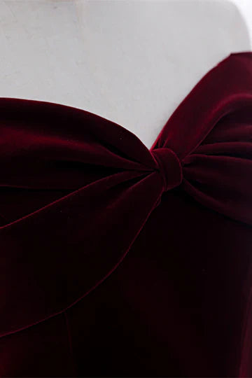 Burgundy Velvet Off Shoulder Bow Lace Up Back Maxi Prom Dress