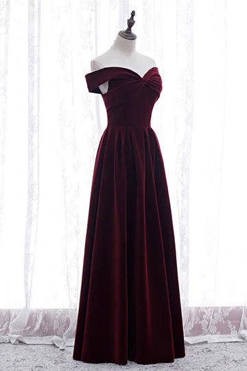 Burgundy Velvet Off Shoulder Bow Lace Up Back Maxi Prom Dress