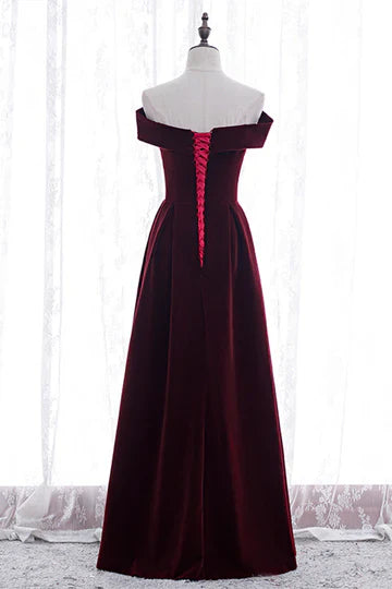Burgundy Velvet Off Shoulder Bow Lace Up Back Maxi Prom Dress