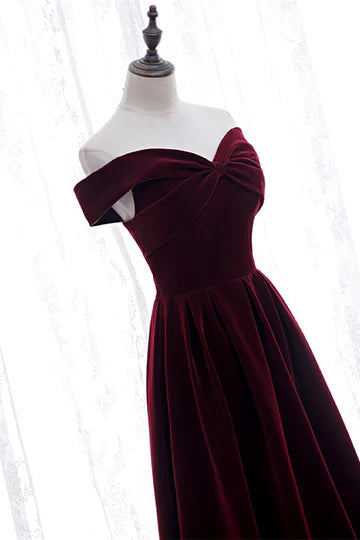 Burgundy Velvet Off Shoulder Bow Lace Up Back Maxi Prom Dress