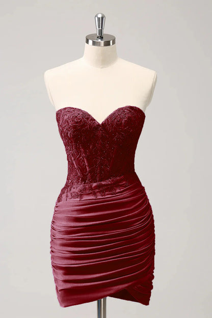 Sleeveless strapless tight fitting sweetheart corset with short pleats and beaded back to school dress
