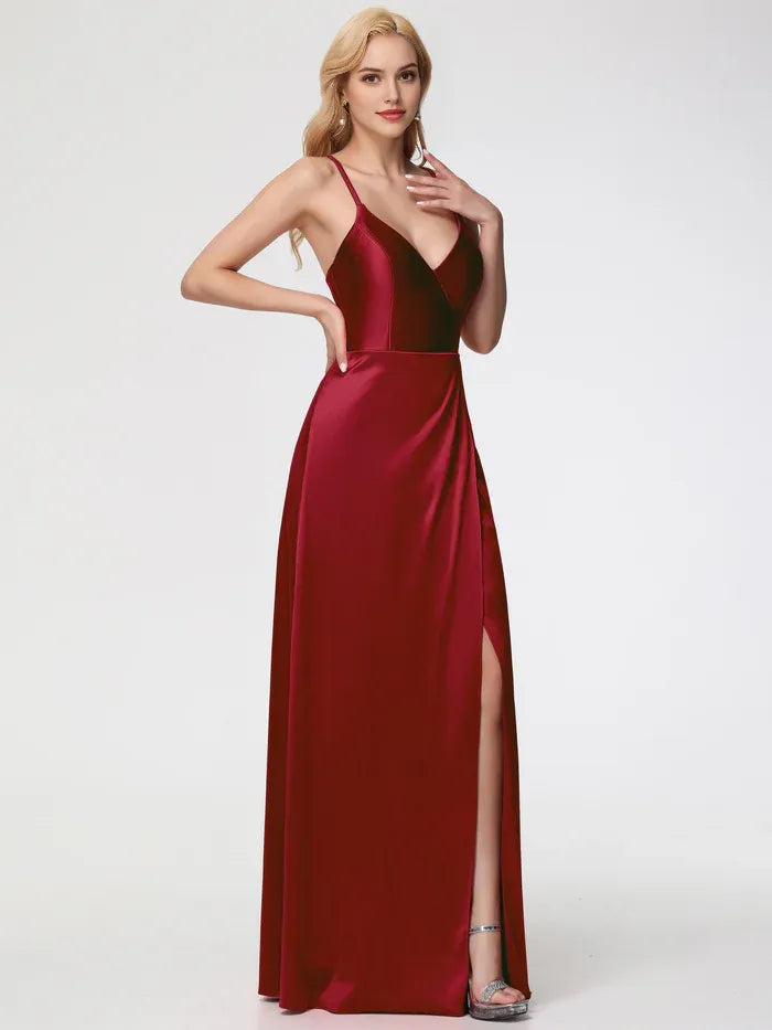 Burgundy Dresses Halter Straps V-Neck Lace Up Back Stretch Satin Prom Dress With Slit