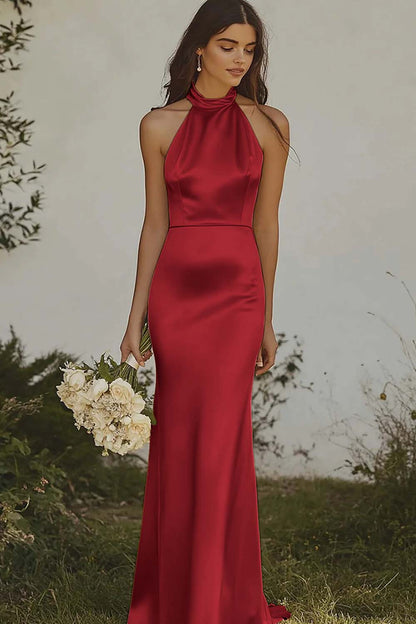 Hanging neck and exposed back mermaid suspender satin long dress