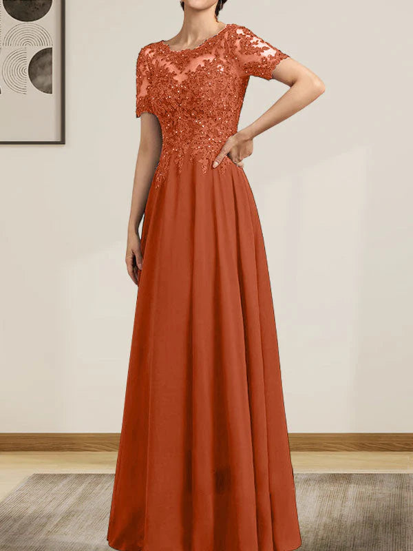 A-line Scoop Illusion Floor-Length Chiffon Lace Mother of the Bride Dress With Sequins Beading