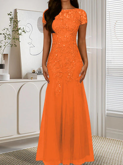 Mermaid round neck sequined chiffon dress long