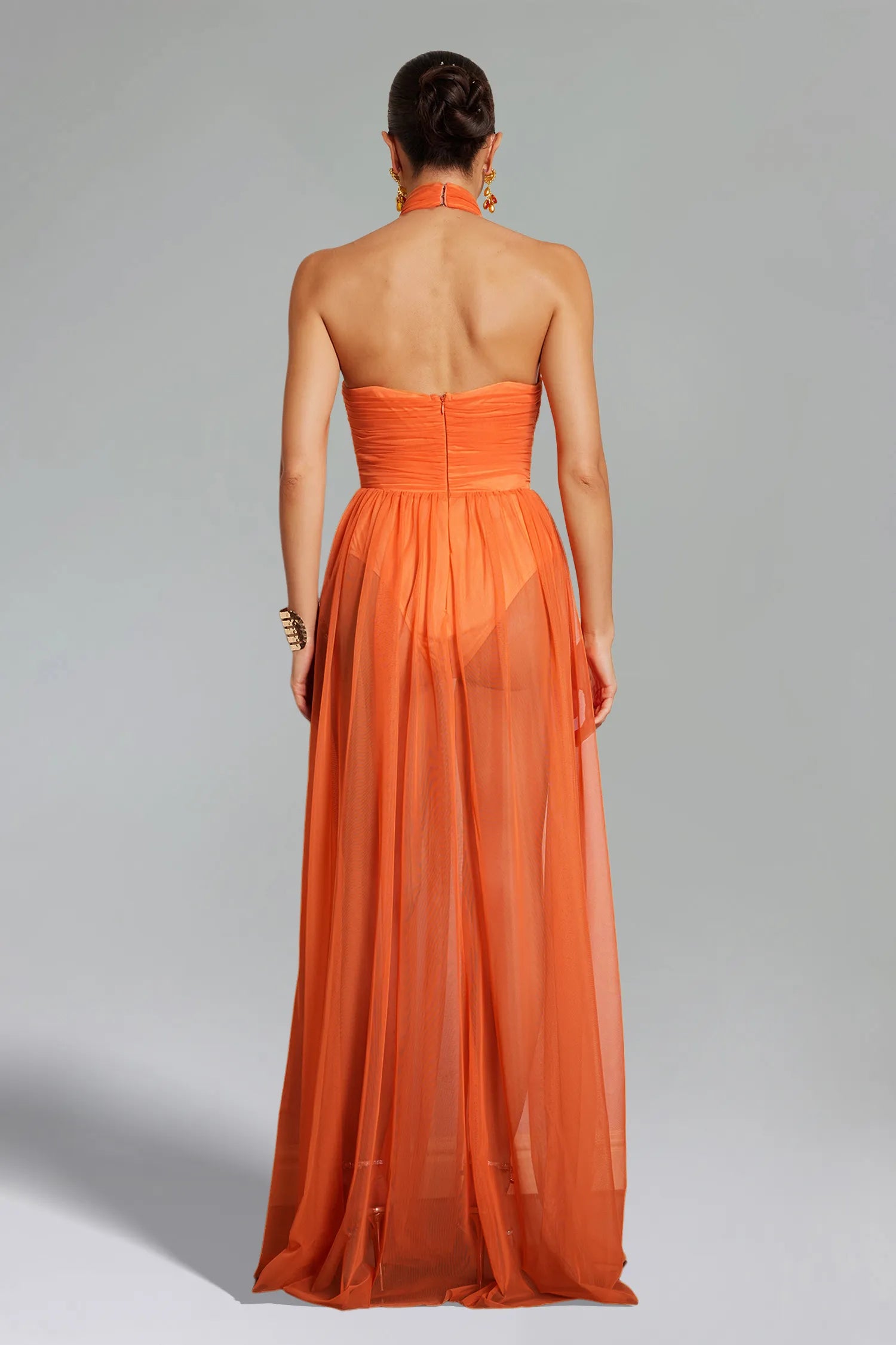 Burnt Orange Halter Neck Cutout Sheer Mesh Maxi Evening Dresses