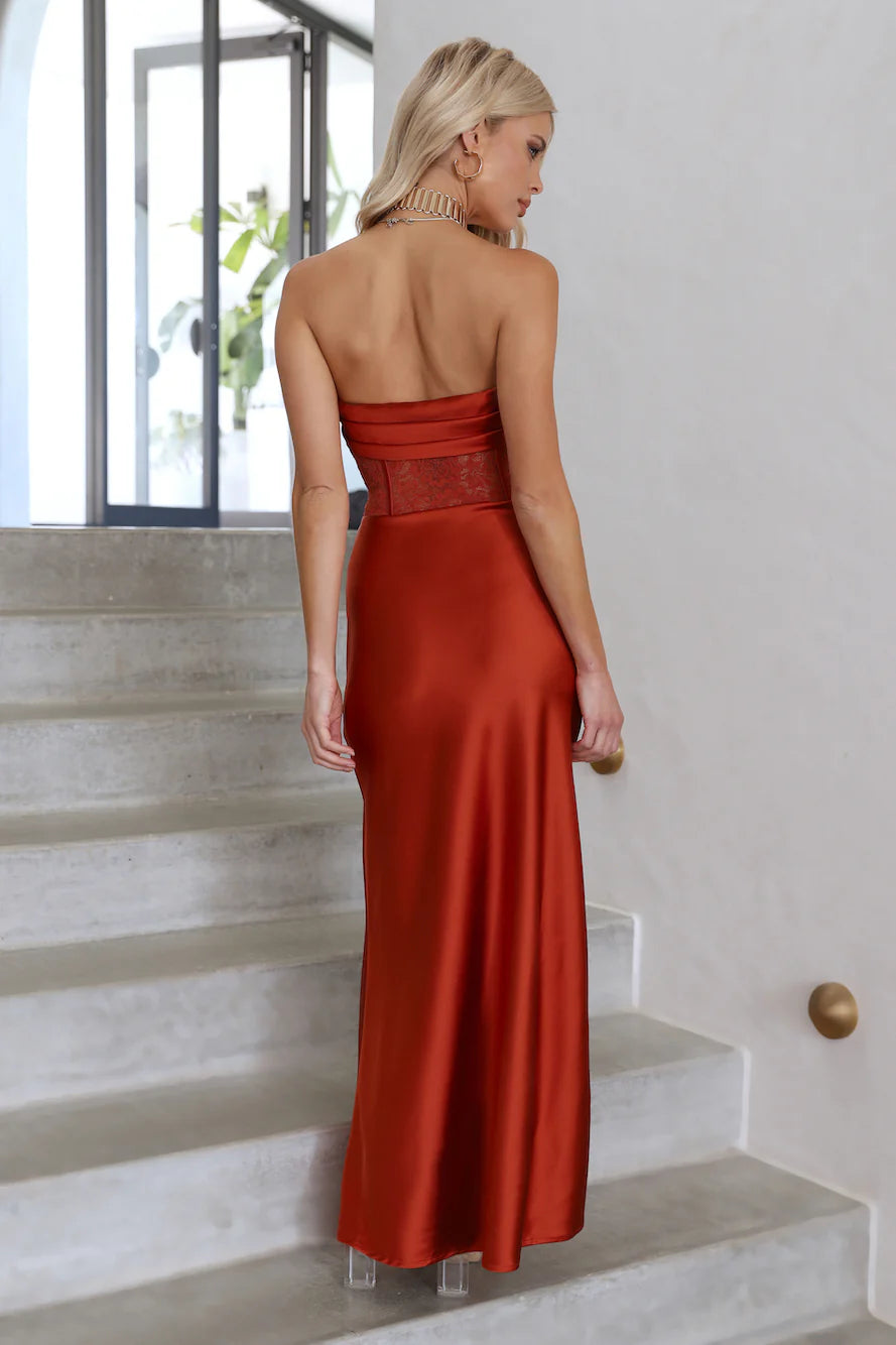 Burnt Orange Strapless Lace Corset High Slit Satin Maxi Evening Dresses