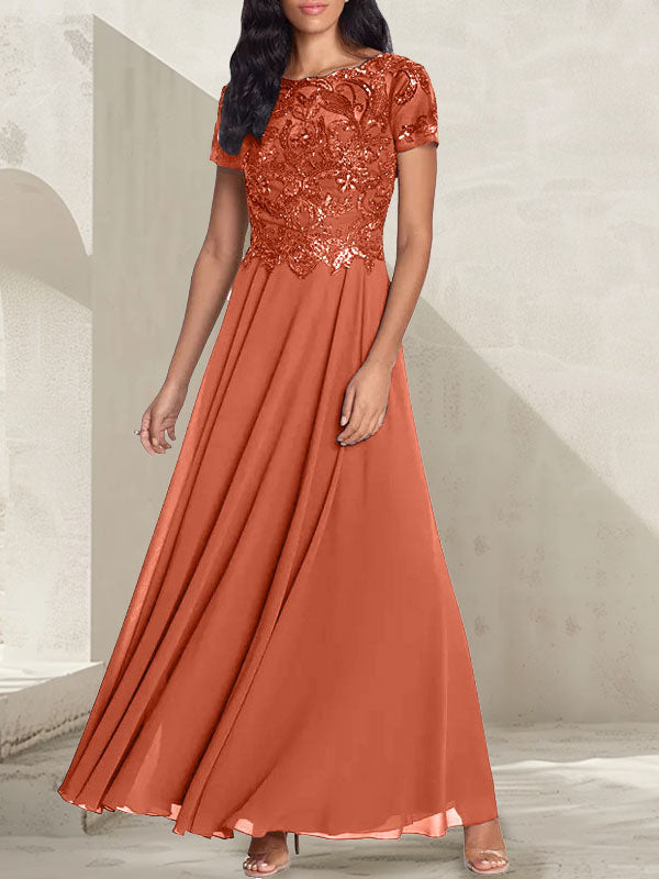 A-line short sleeved long bridal mother dress