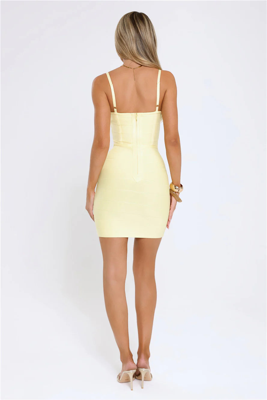 Butter Yellow Bandage Mini Dress with Sweetheart Neckline, Adjustable Spaghetti Straps and Form-Fitting Silhouette