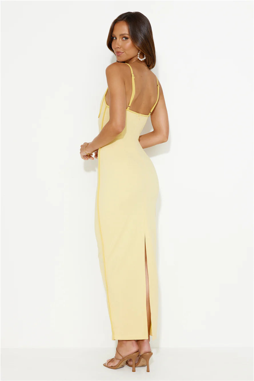 Butter Yellow Contrast Piping Bodycon Maxi Evening Dresses