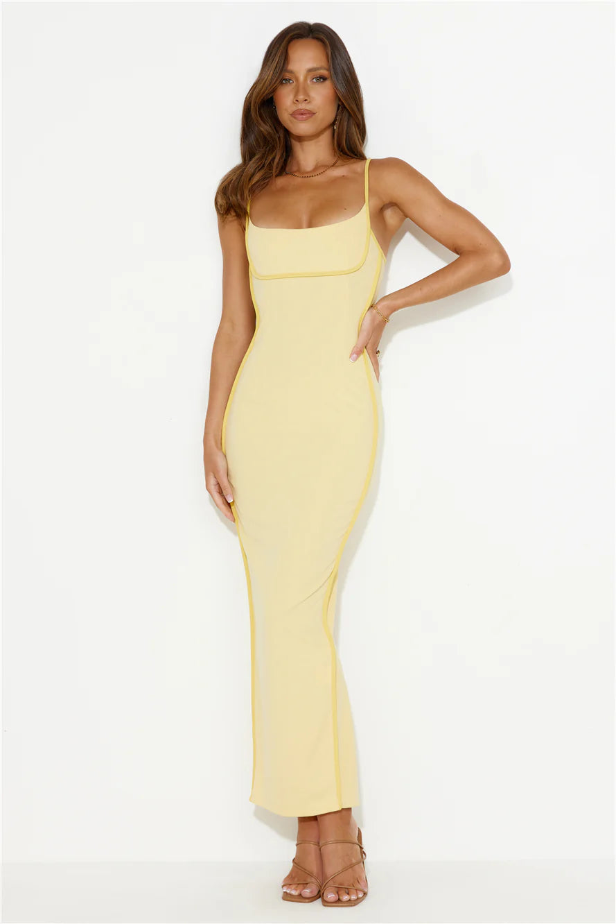 Butter Yellow Contrast Piping Bodycon Maxi Evening Dresses